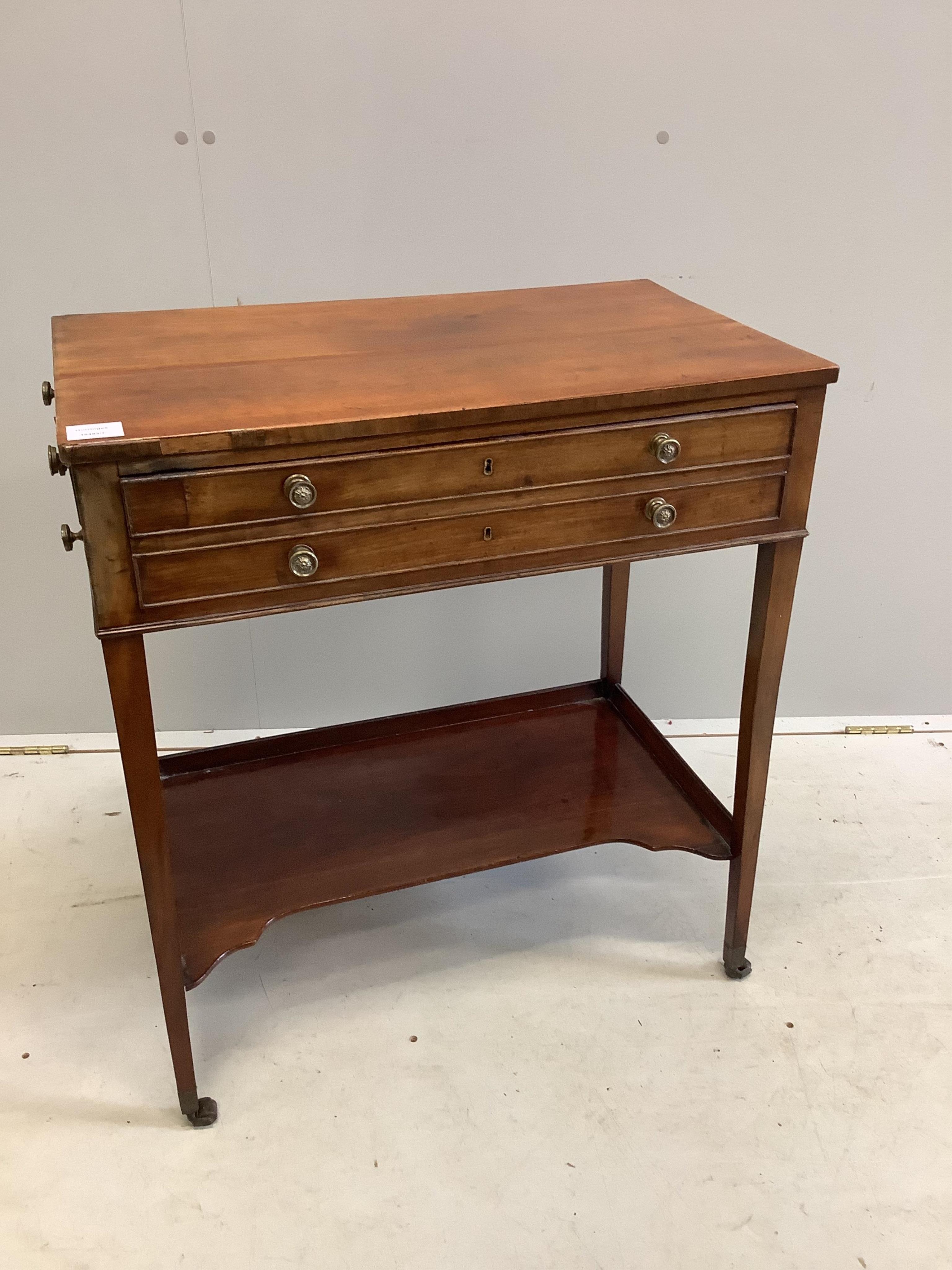 A George III mahogany two drawer side table, fitted with an undertier, width 67cm, depth 40cm, height 76cm. Condition - fair